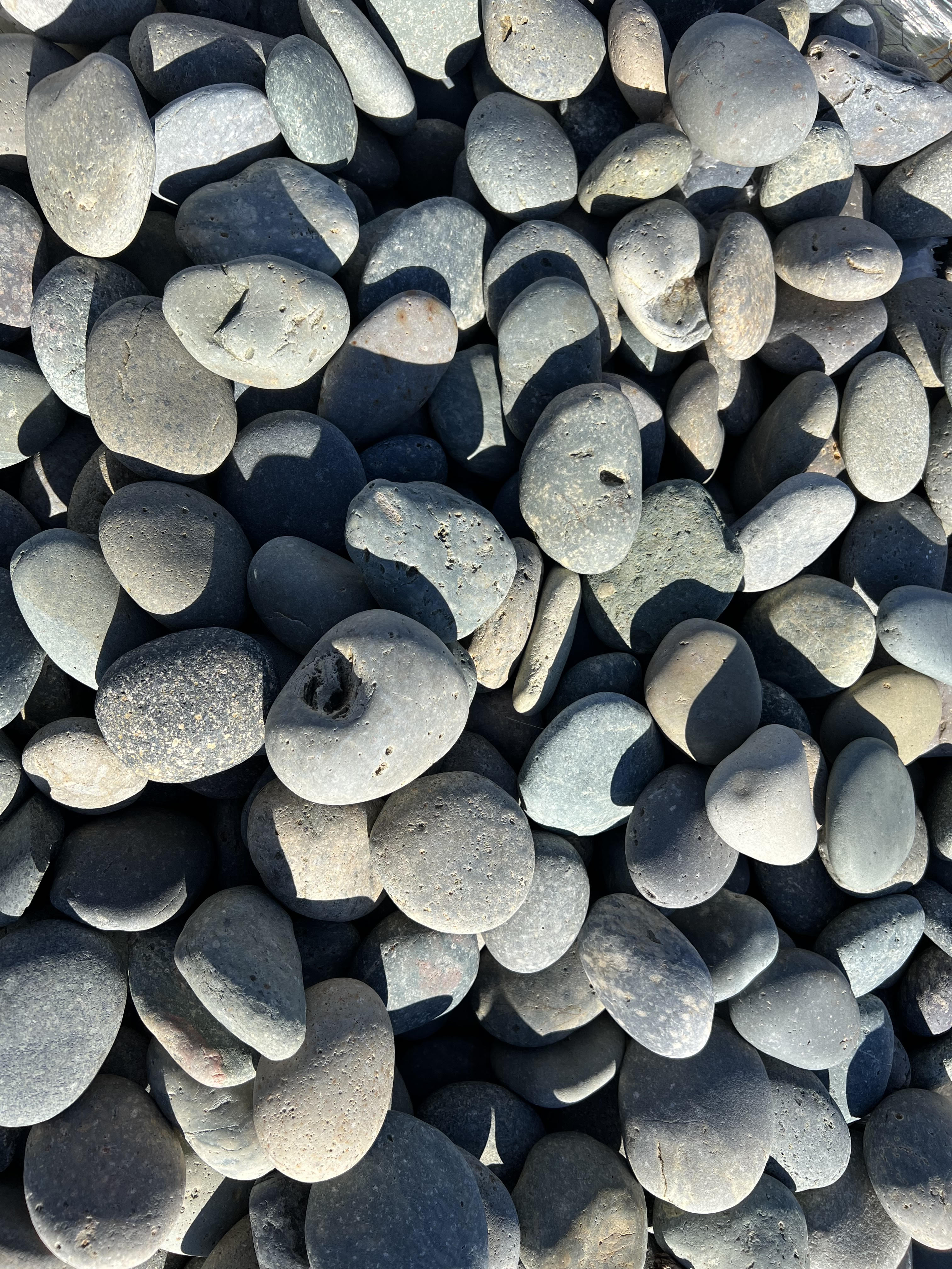 Close-up of dark polished Mexican beach pebbles available at Trees Forever Nursery in Brownwood, TX